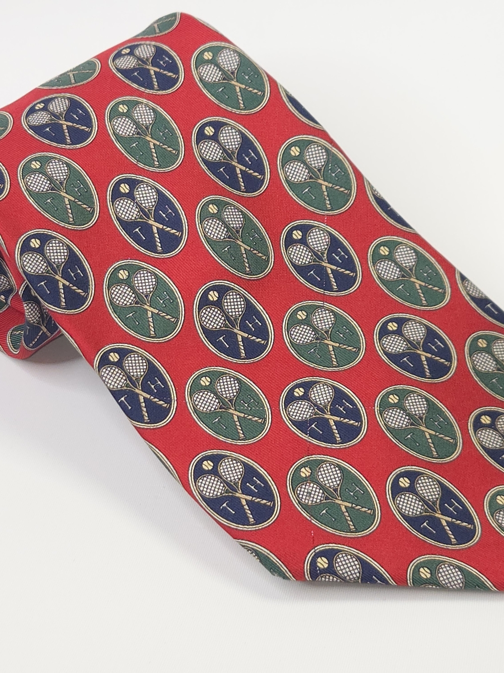 Tommy Hilfiger Mens Vintage Red  & Blue 100% Silk Tennis Motif Print Tie 4x57"